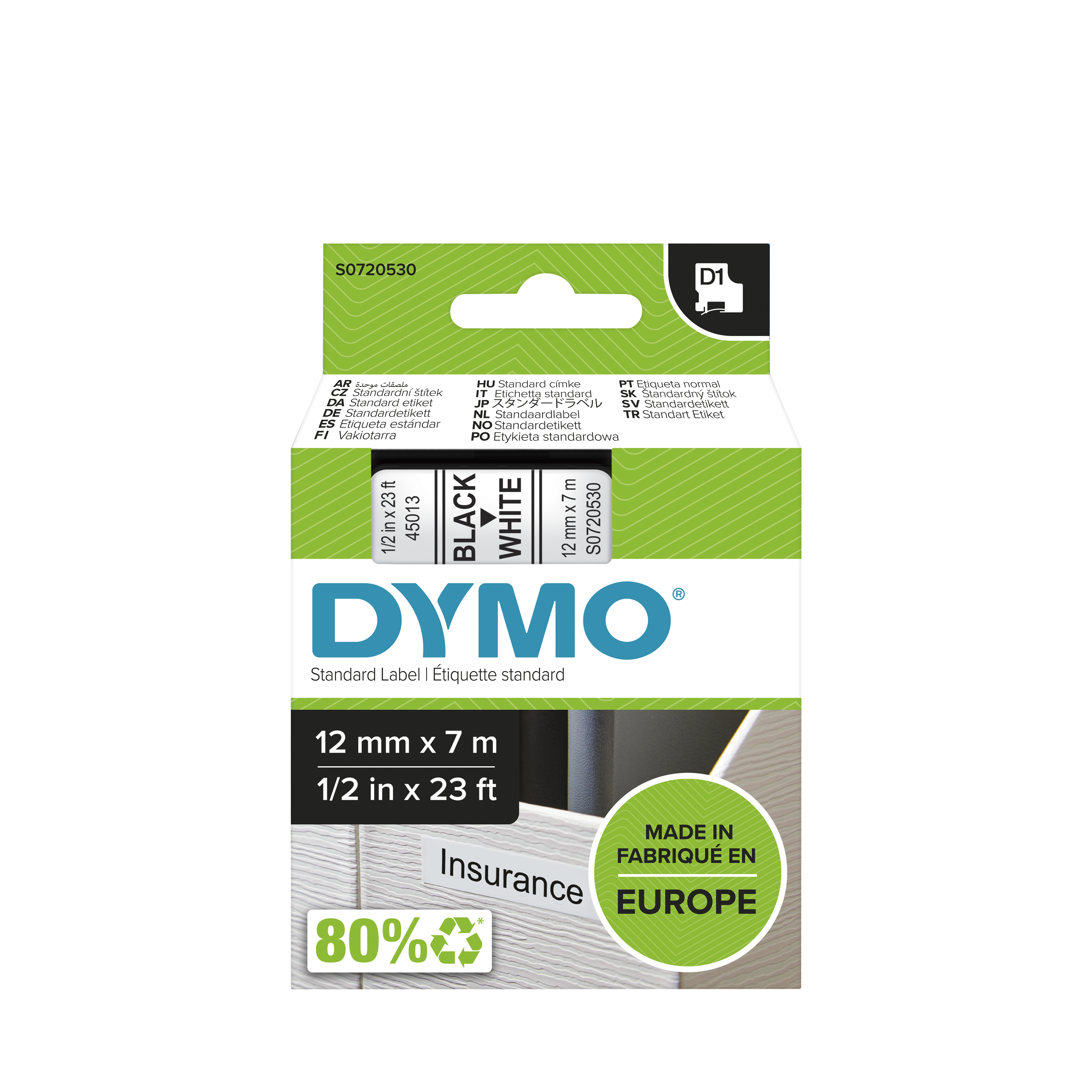 Dymo Black on White Label Printer Tape, 7 m Length, 12 mm Width