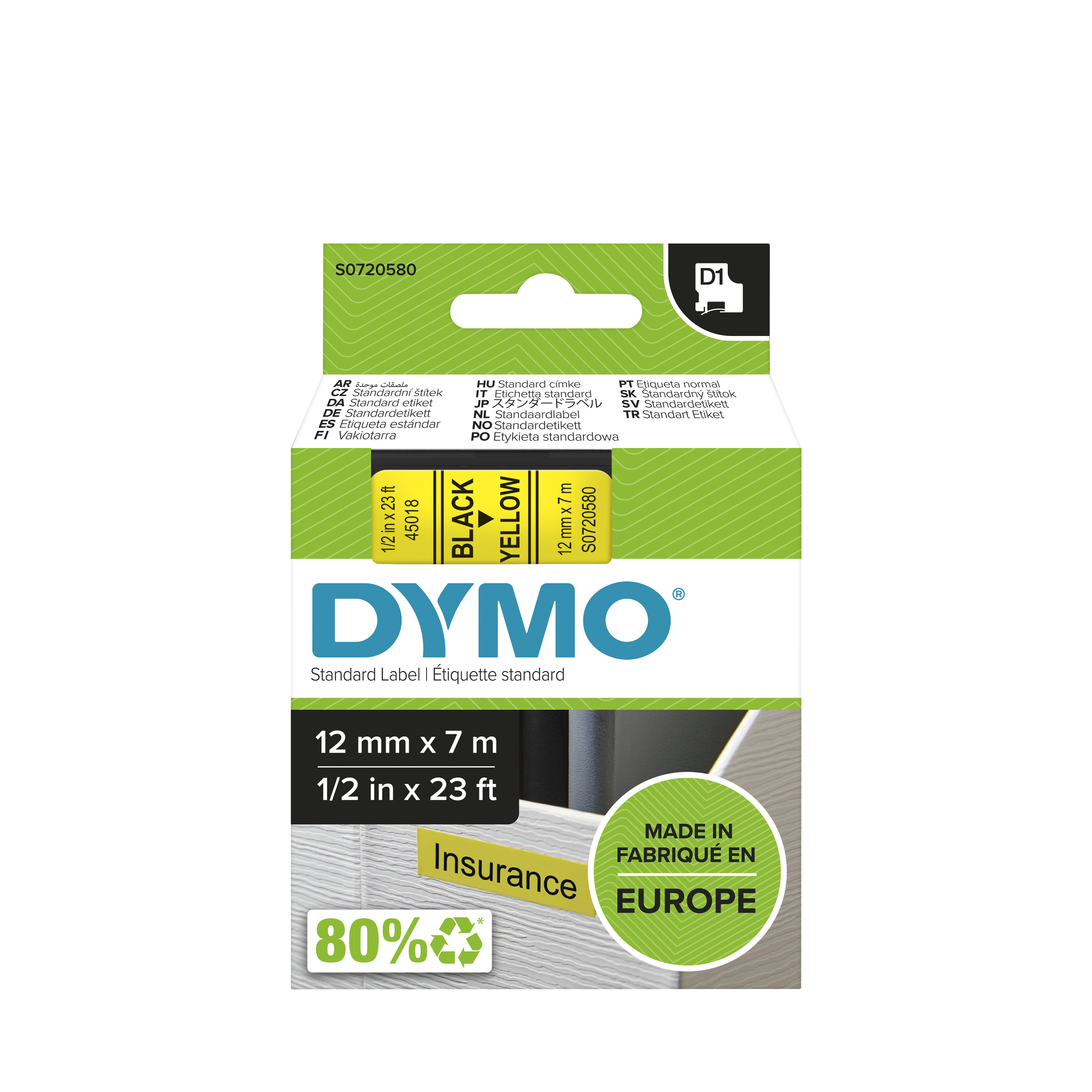 Dymo Black on Yellow Label Printer Tape, 7 m Length, 12 mm Width