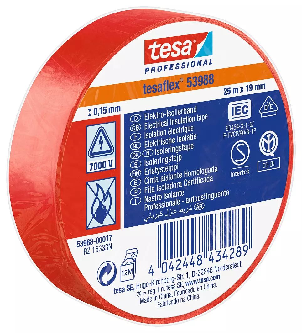 Elektrikářská páska, Červená PVC 5000V 19mm x , délka: 25m tloušťka 0.15mm 53988 Tesa