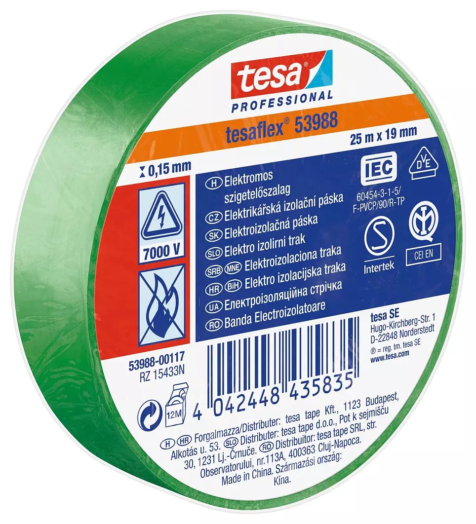 Elektrikářská páska, Zelená PVC 5000V 19mm x , délka: 25m tloušťka 0.13mm 53988 Tesa
