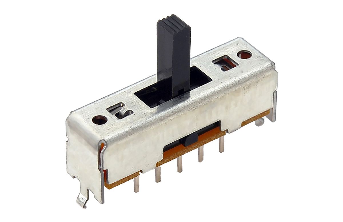 Interruptor de actuador deslizante Bipolar de 3 vías (DP3T), Enclavamiento, 100 mA, Montaje en orificio pasante