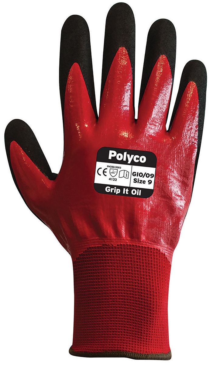 BM Polyco Grip It Orange General Purpose Work Gloves, Size 9, Large, Nylon Lining, Nitrile Coating