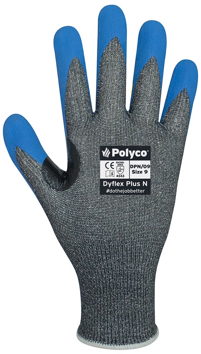 BM Polyco Dyflex Blue Cut Resistant Work Gloves, Size 9, Large, Foam Coating Lining, Nitrile Coating