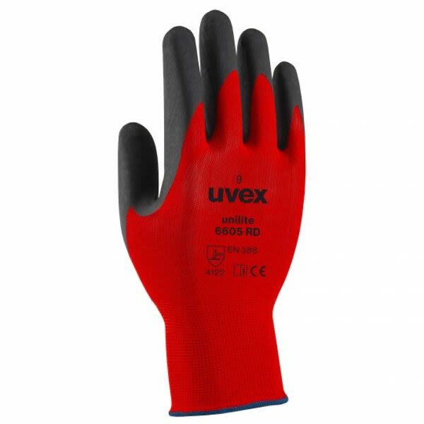 Guantes de trabajo Uvex serie Unilite 6605 RD, talla 8, M de Poliamida Rojo con recubrimiento de Nitrilo, Uso general