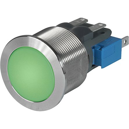 Schurter Illuminated Momentary Push Button Switch, Panel Mount, SPDT, 19.1mm Cutout, Green LED, 250V ac, IP40, IP65,