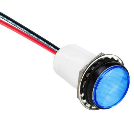 VCC Blue Panel Mount Indicator, 5 → 28V dc, 17.5mm Mounting Hole Size, Lead Wires Termination, IP67