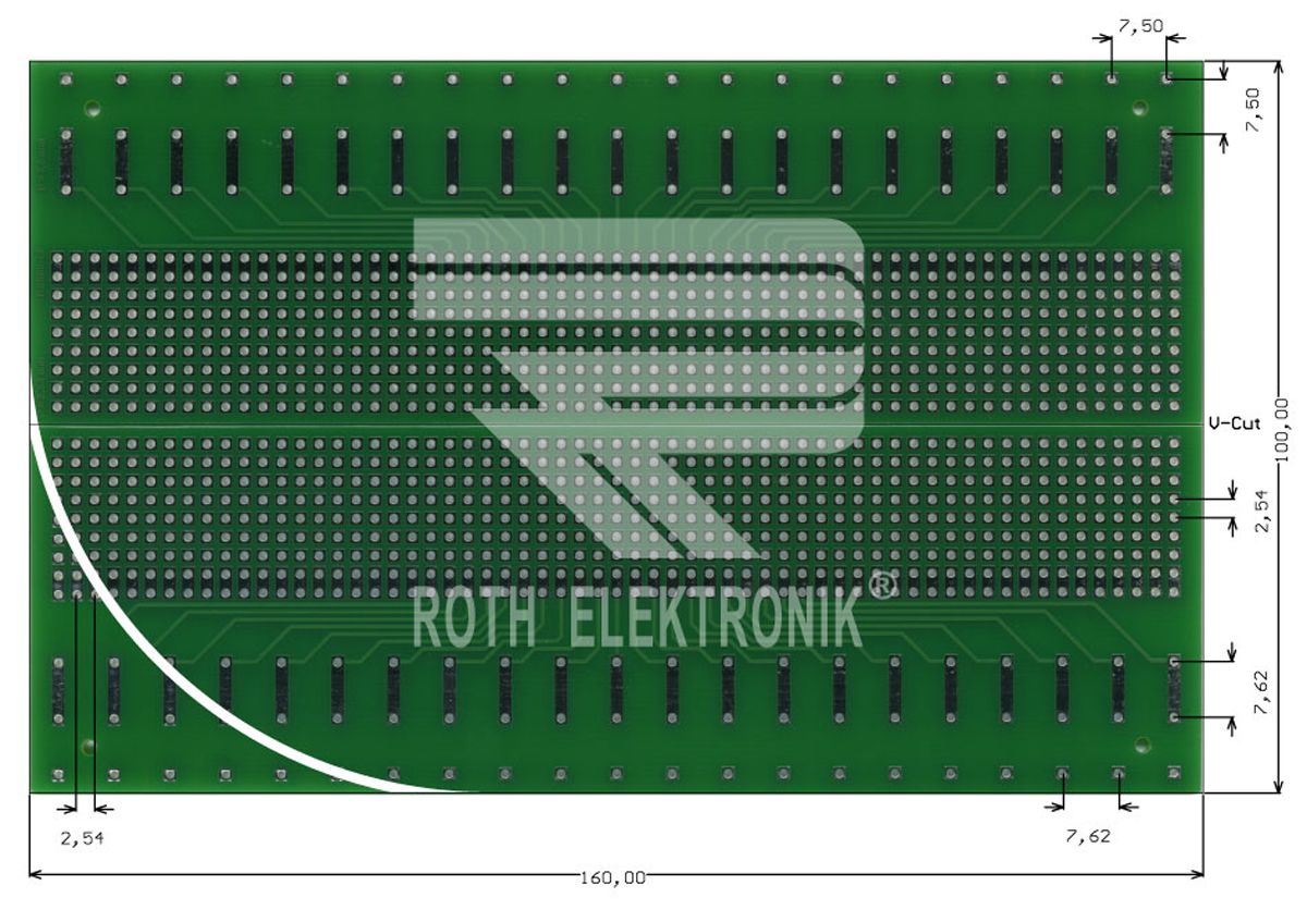 RE660-LF, Double Sided Eurocard FR4 With 7 x 37 1.1mm Holes, 2.54 x 2.54mm Pitch, 160 x 100 x 1.5mm