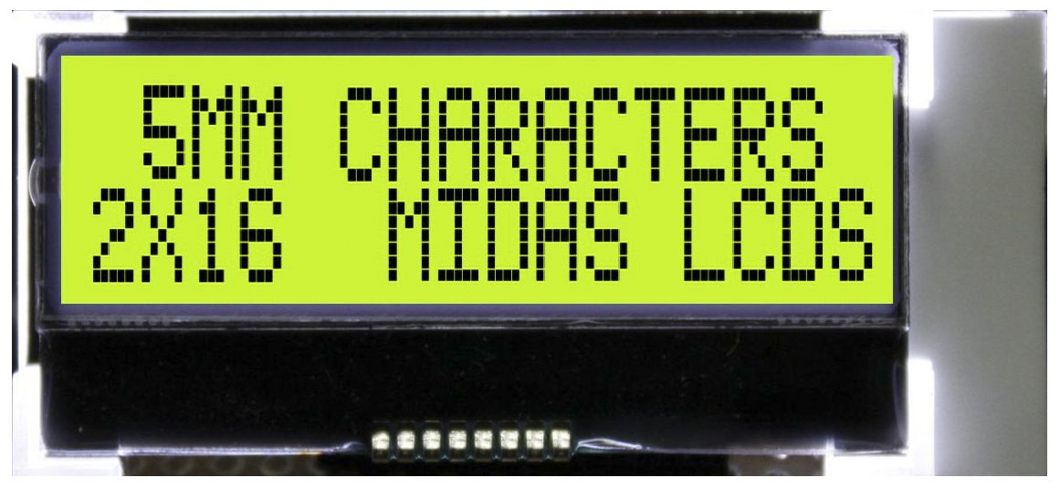 Midas MCCOG21605B6W-SPTLYI Alphanumeric LCD Display Yellow-Green, 2 Rows by 16 Characters, Transflective