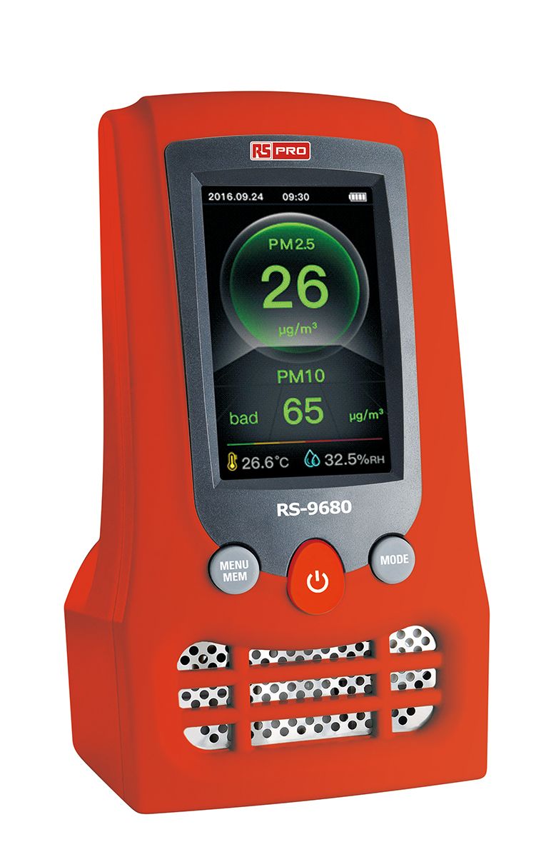 RS PRO RS-9680 Air Quality Meter for Formaldehyde, Humidity, PM 2.5, PM 10, Temperature, TVOC, Battery-Powered