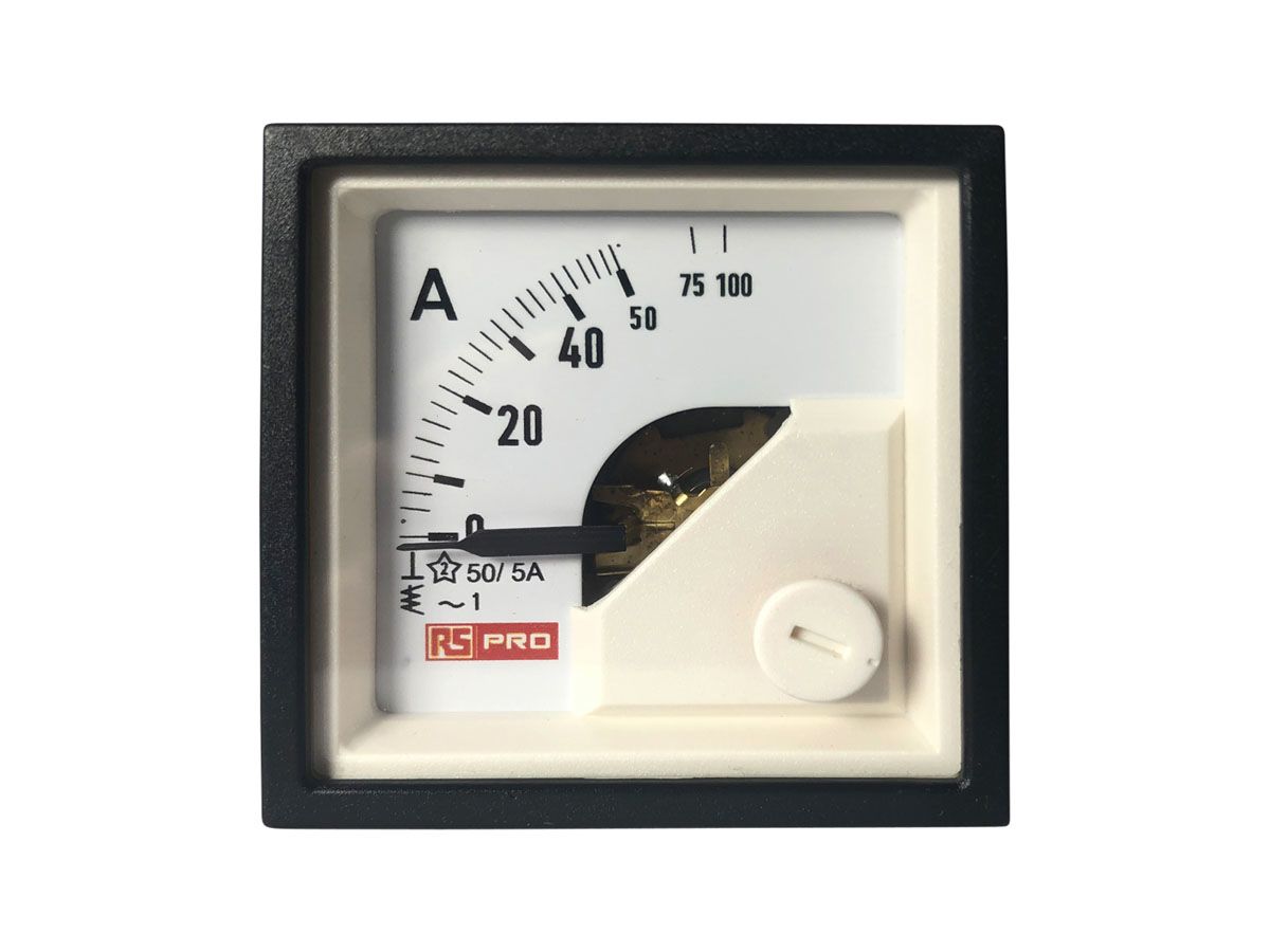 RS PRO Analogue Panel Ammeter 10 (Input) A, 100 (Scle) A, 50/5 (CT) A AC, 45mm x 45mm, 1 % Moving Iron