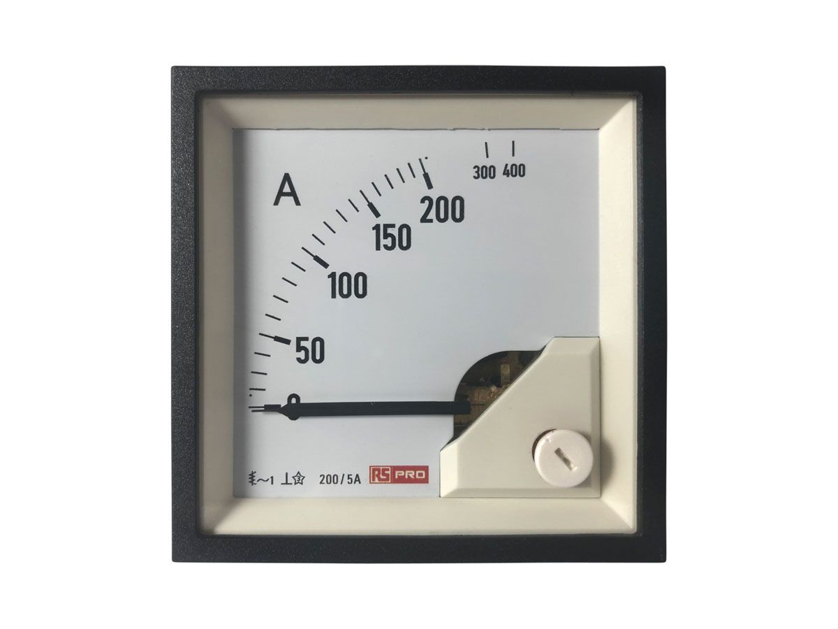 RS PRO Analogue Panel Ammeter 10 (Input) A, 200/5 (CT) A, 400 (Scle) A AC, 68mm x 68mm, 1 % Moving Iron