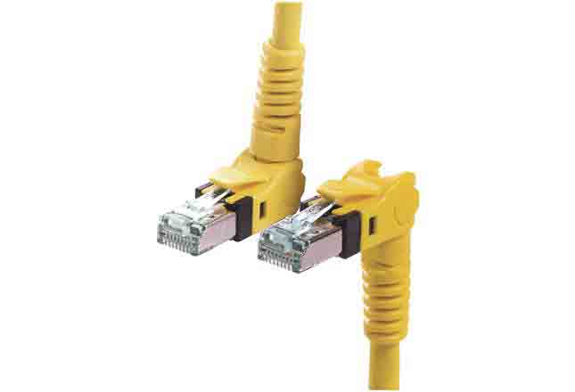 HARTING Cat6a Ethernet Cable Right Angle, RJ45 to Right Angle RJ45, S/FTP Shield, Yellow PUR Sheath, 3m