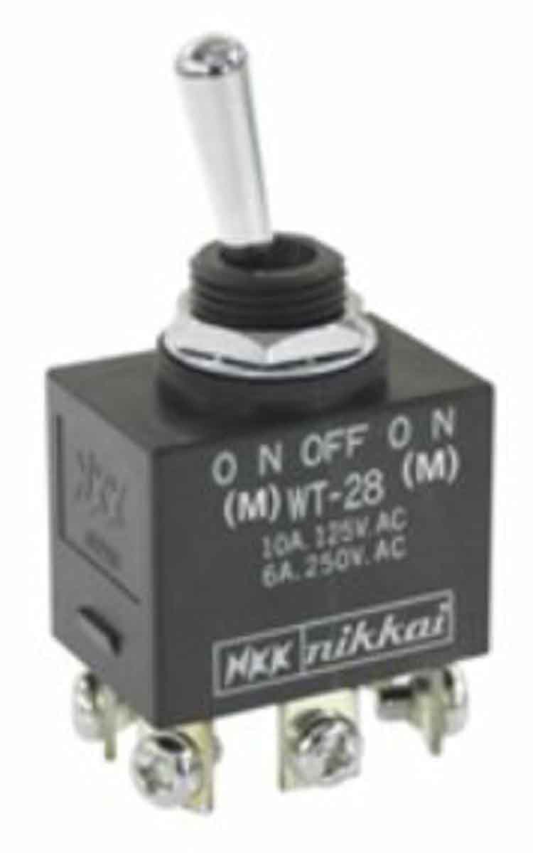 WT28T NKK Switches Toggle Switch, Panel Mount, (On)Off(On), DPDT