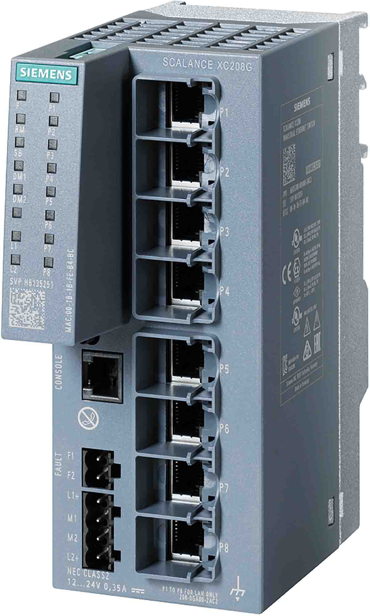 Switch Ethernet Siemens 8 Ports RJ45, 10/100/1000Mbit/s, montage Rail DIN, mur 24V c.c.