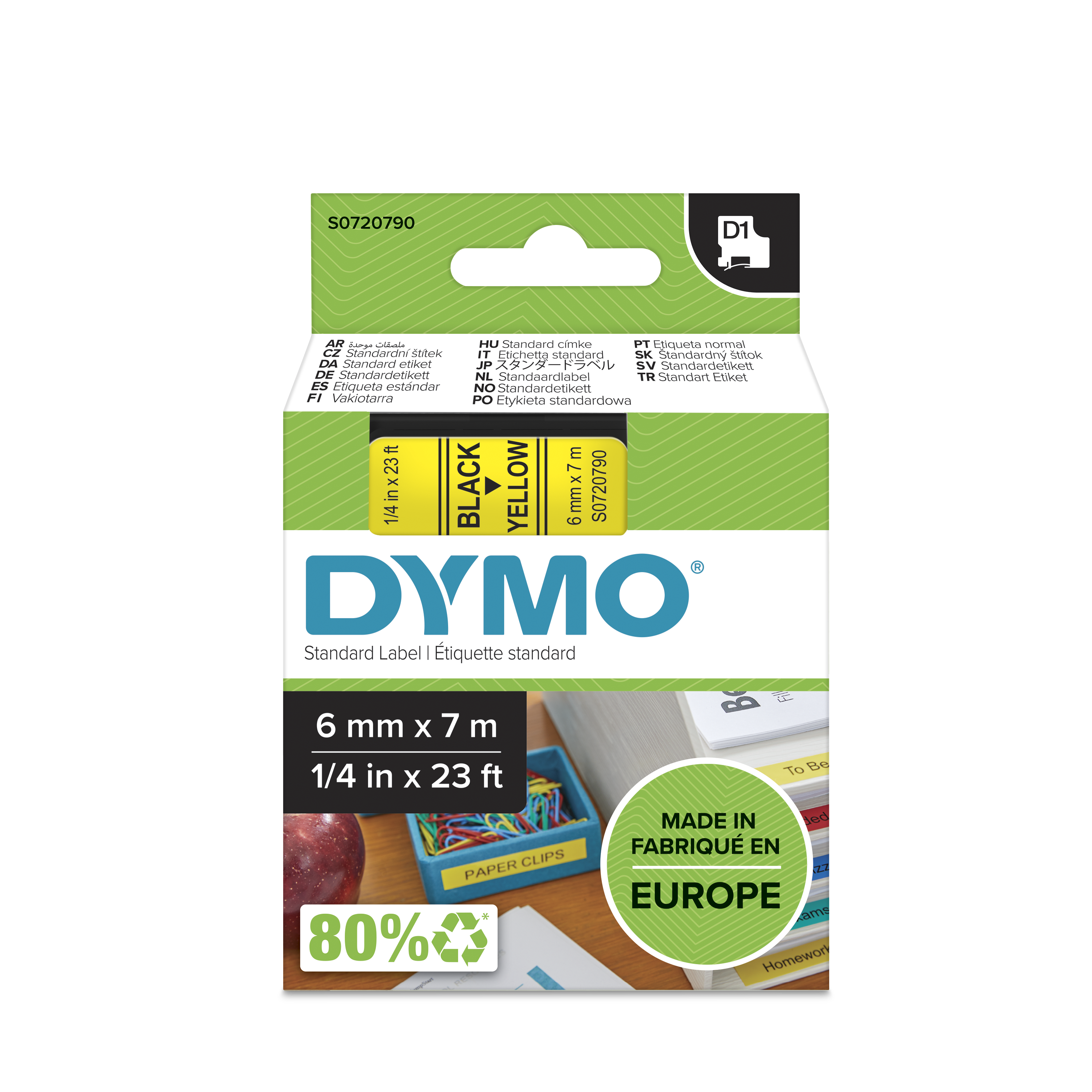 Dymo Black on Yellow Label Printer Tape, 7 m Length, 6 mm Width