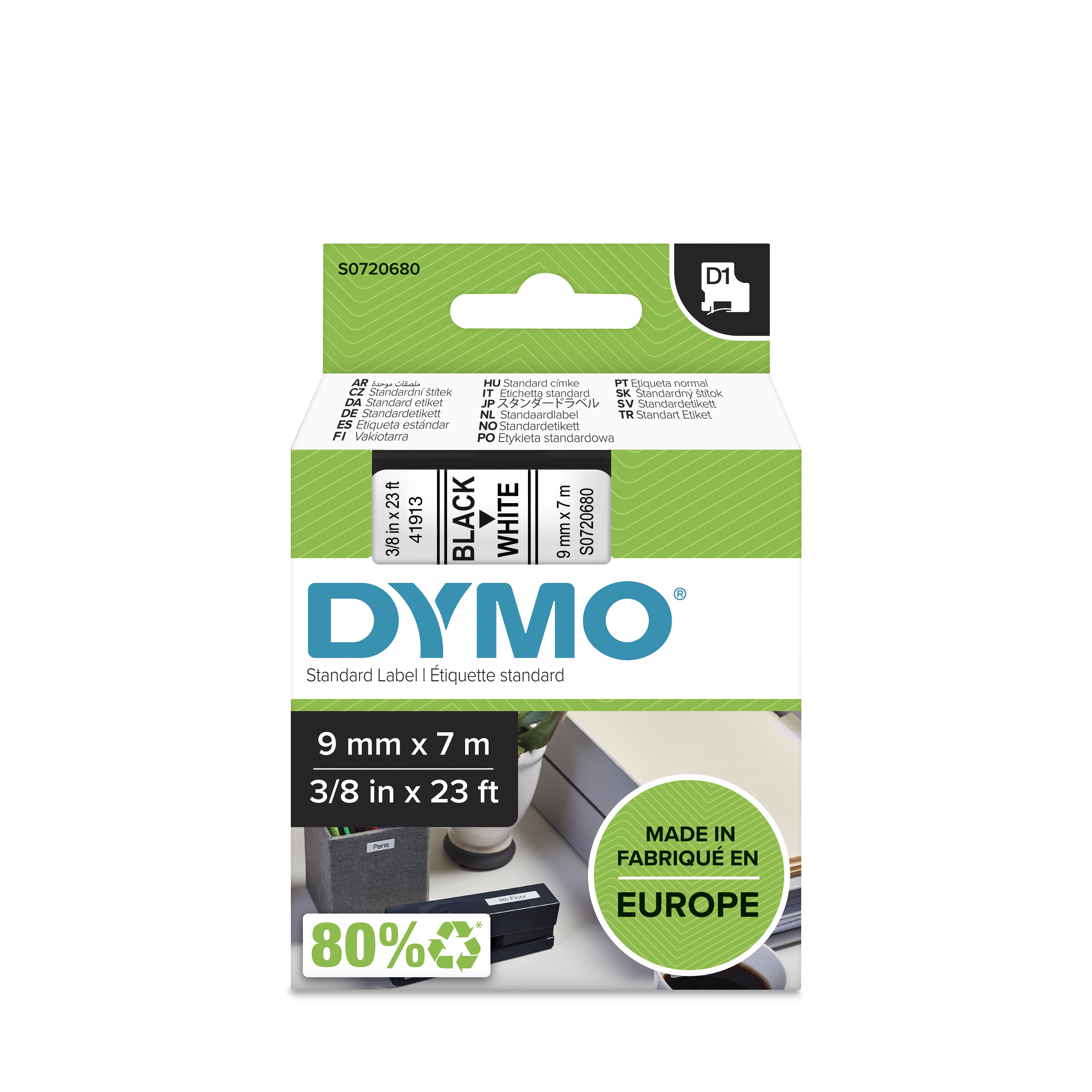 Dymo Black on White Label Printer Tape, 7 m Length, 9 mm Width