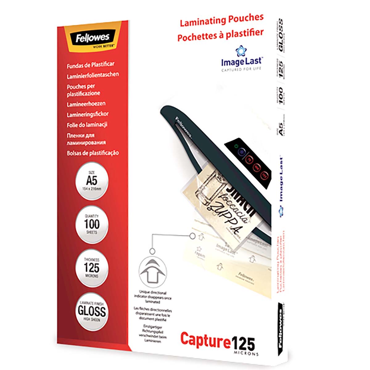 Fellowes A4 Glossy Laminator Pouches 125micron Thickness, 100 Pack Quantity
