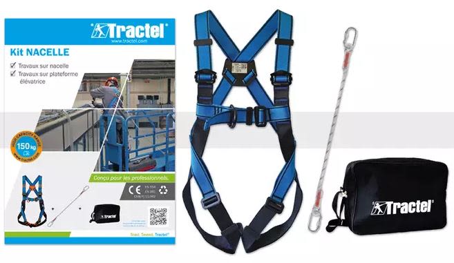 Tractel with The kit includes a safety harness, a 1.5m double lanyard with connectors, a carry bag