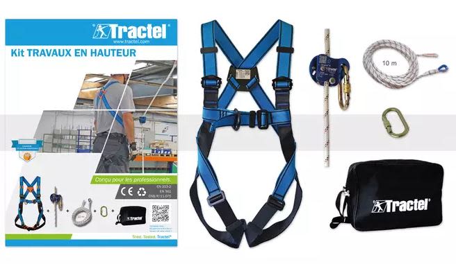 Tractel with The kit includes a safety harness, a fall arrester on a halyard, a 10 meter halyard, a connector, a