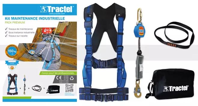 Tractel with The kit includes a high comfort safety harness, a 1M80 self-retracting fall arrester with connectors, a