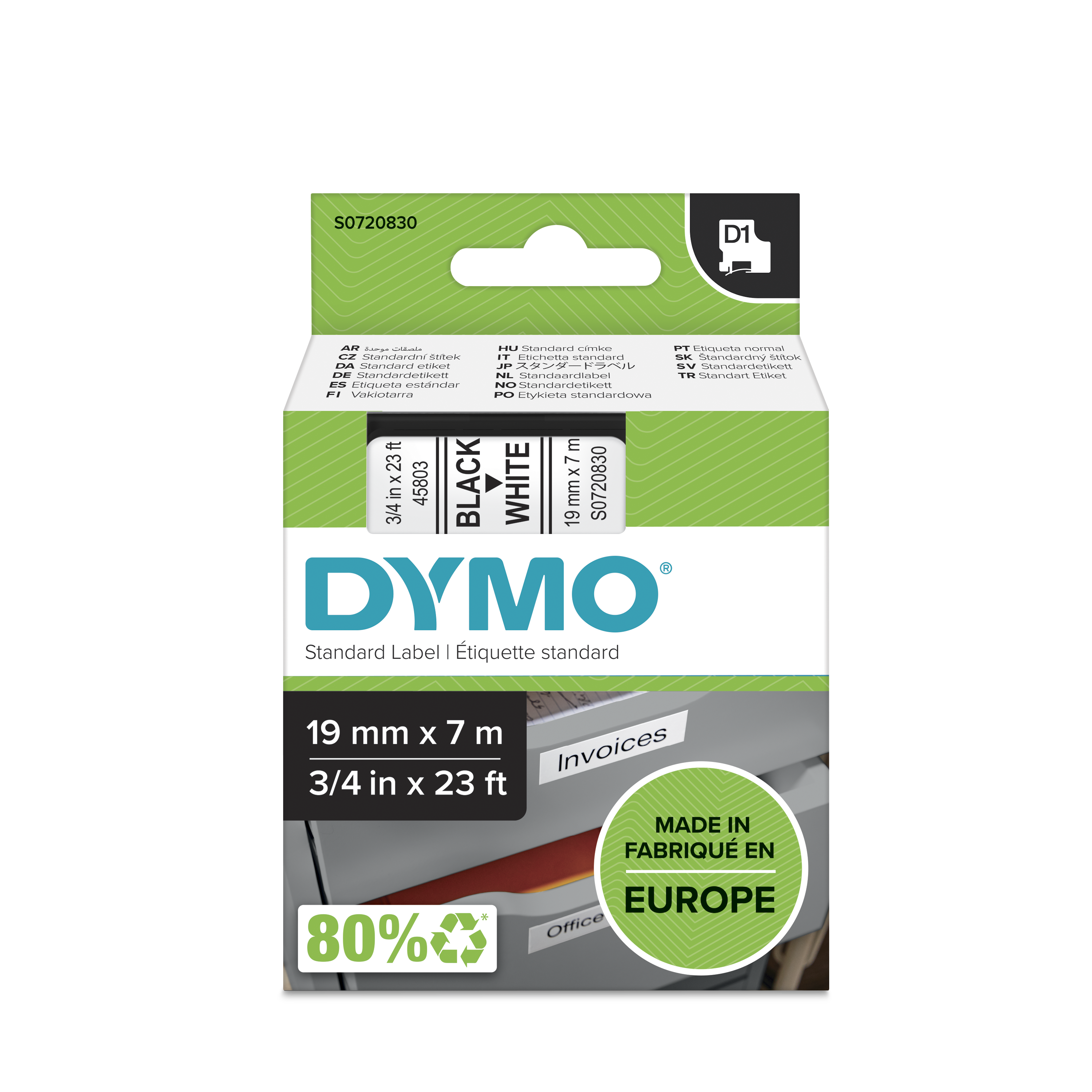 Dymo Black on White Label Printer Tape, 7 m Length, 19 mm Width