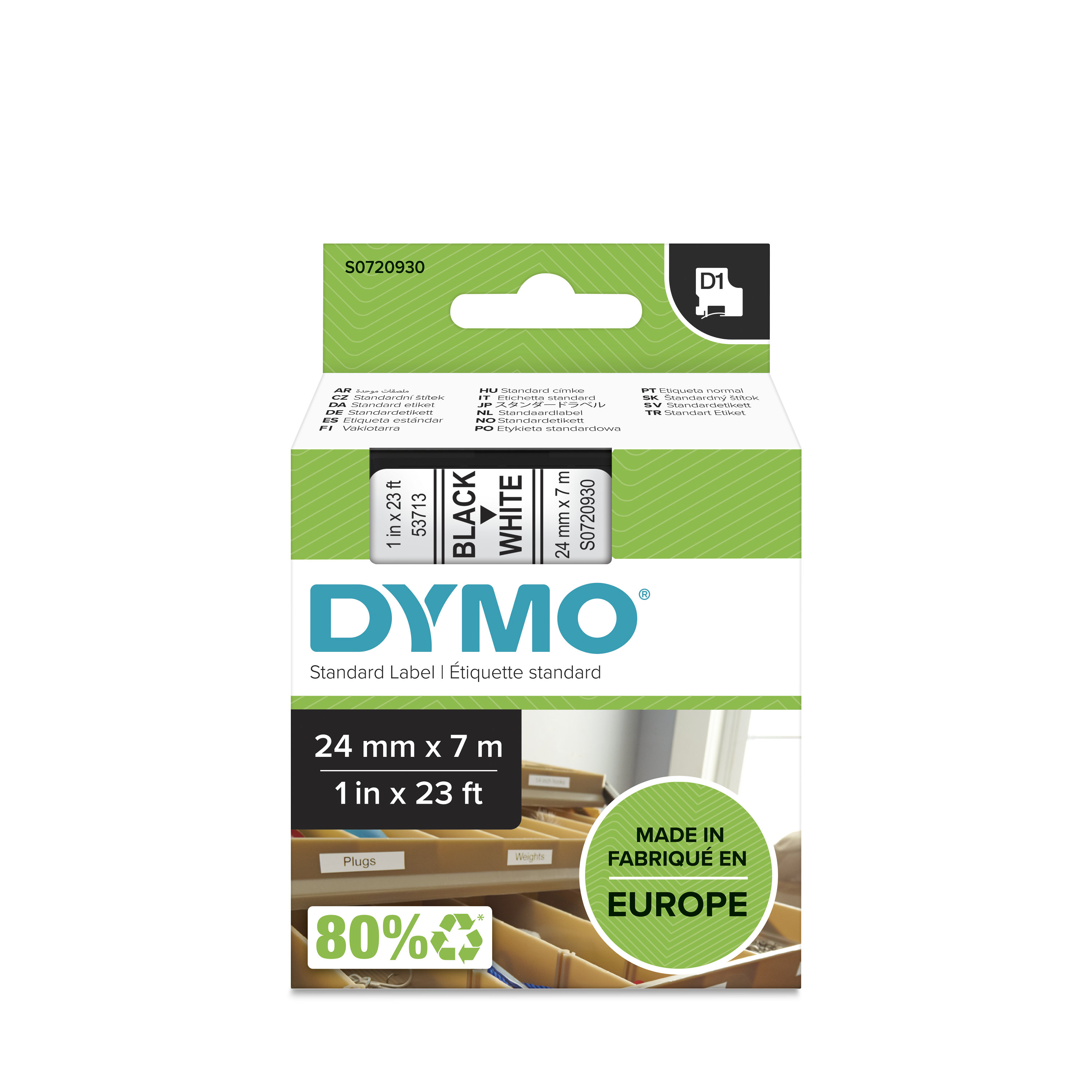 Dymo Black on White Label Printer Tape, 7 m Length, 24 mm Width