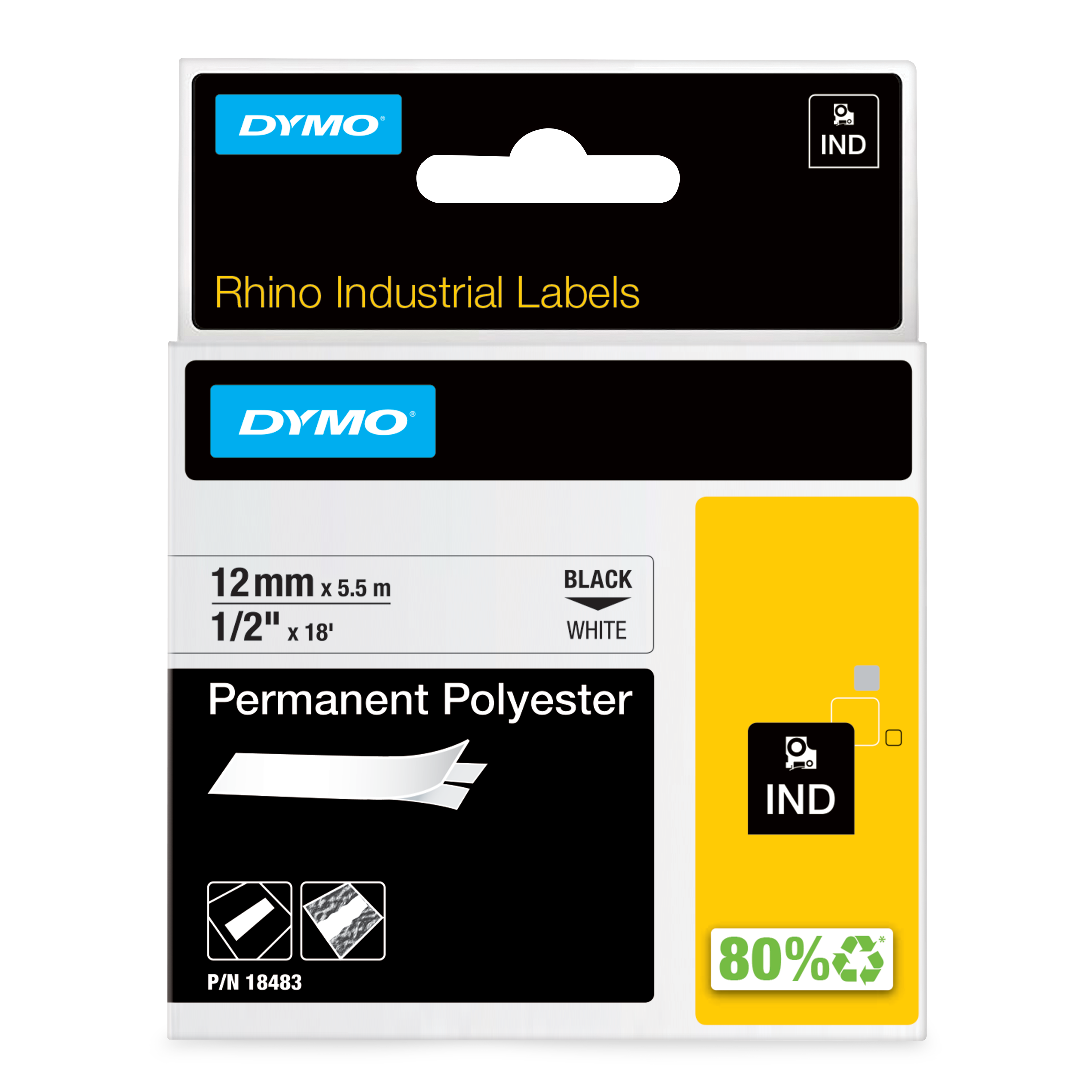Dymo Black on White Label Printer Tape, 5.5 m Length, 12 mm Width