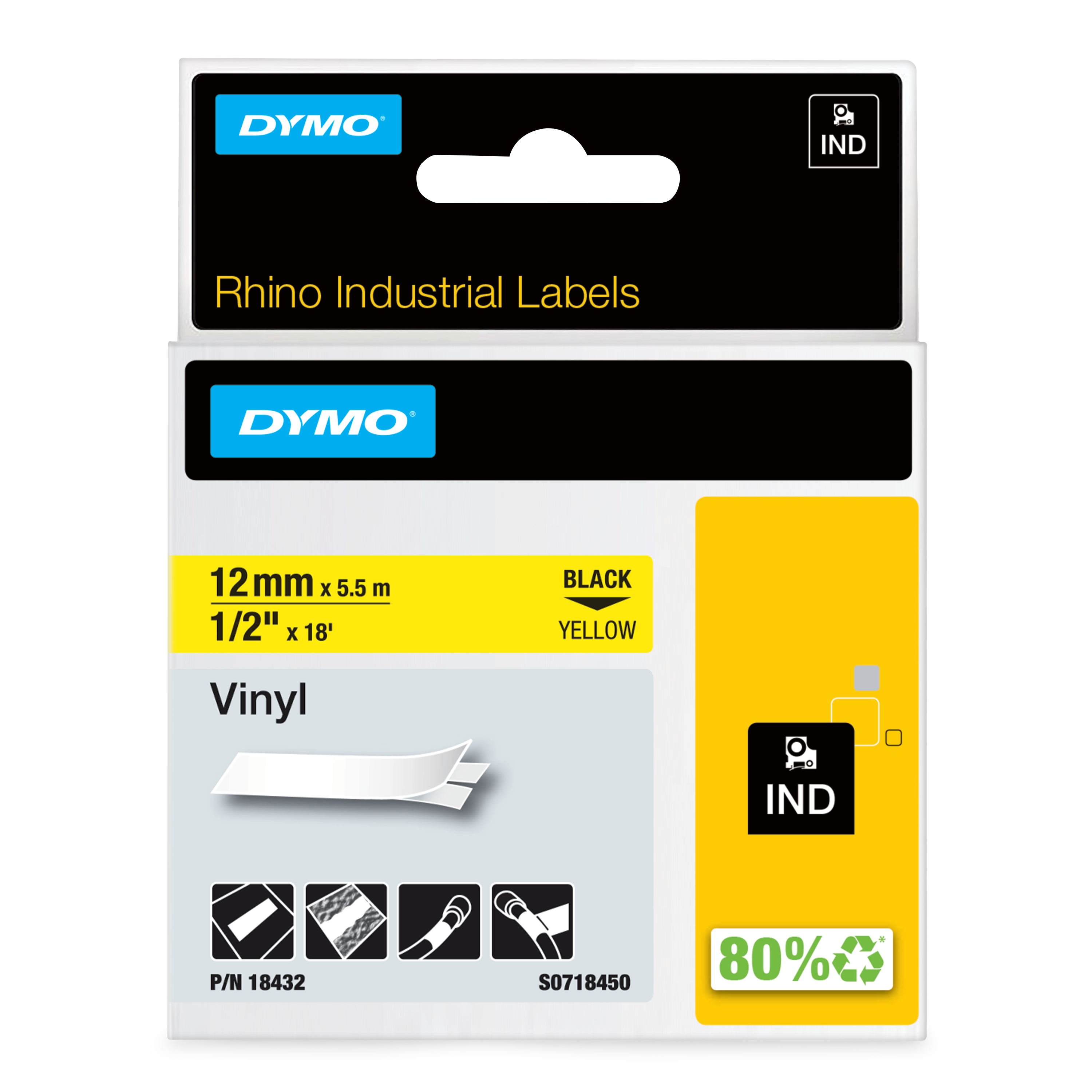 Dymo Black on Yellow Label Printer Tape, 5.5 m Length, 12 mm Width