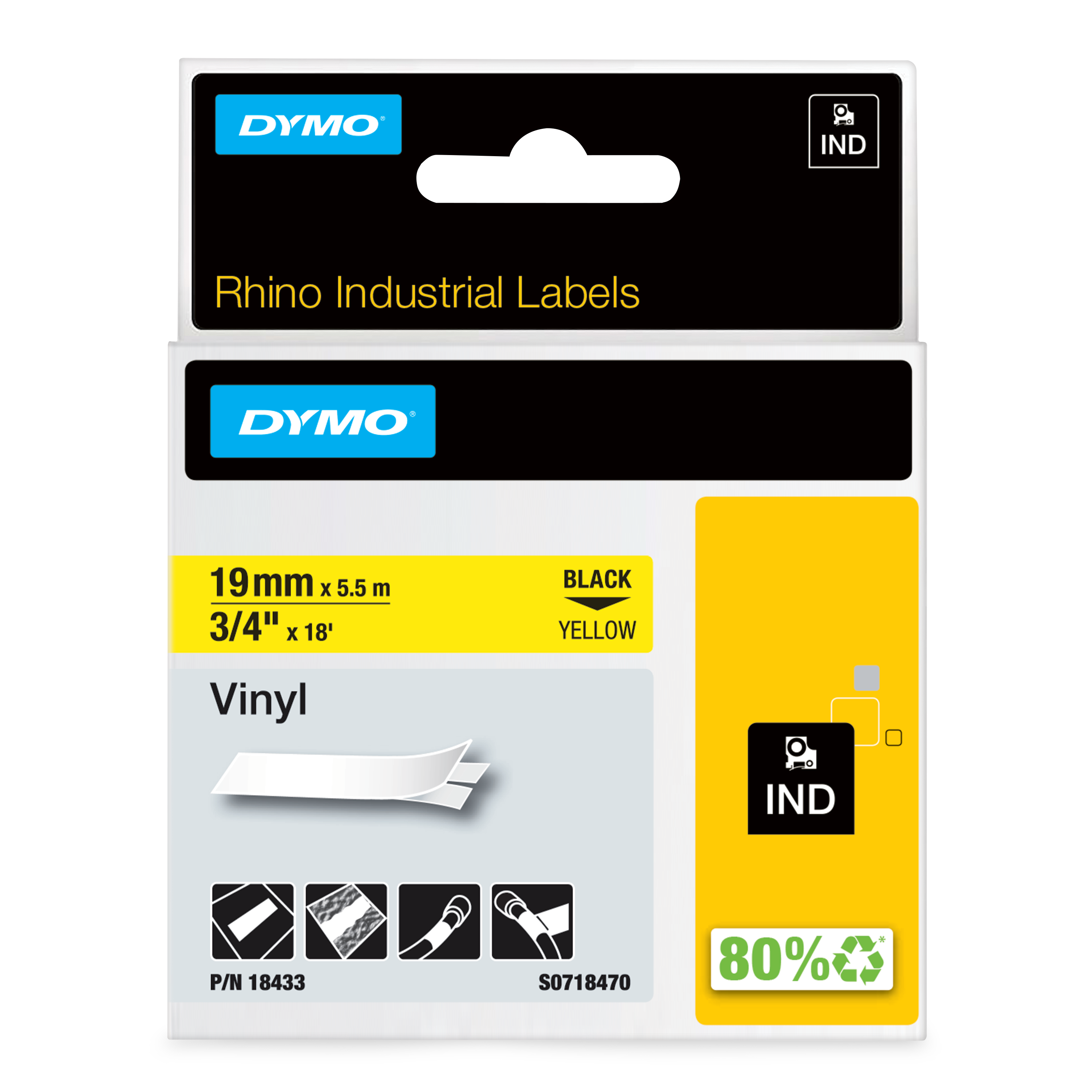 Dymo Black on Yellow Label Printer Tape, 5.5 m Length, 19 mm Width