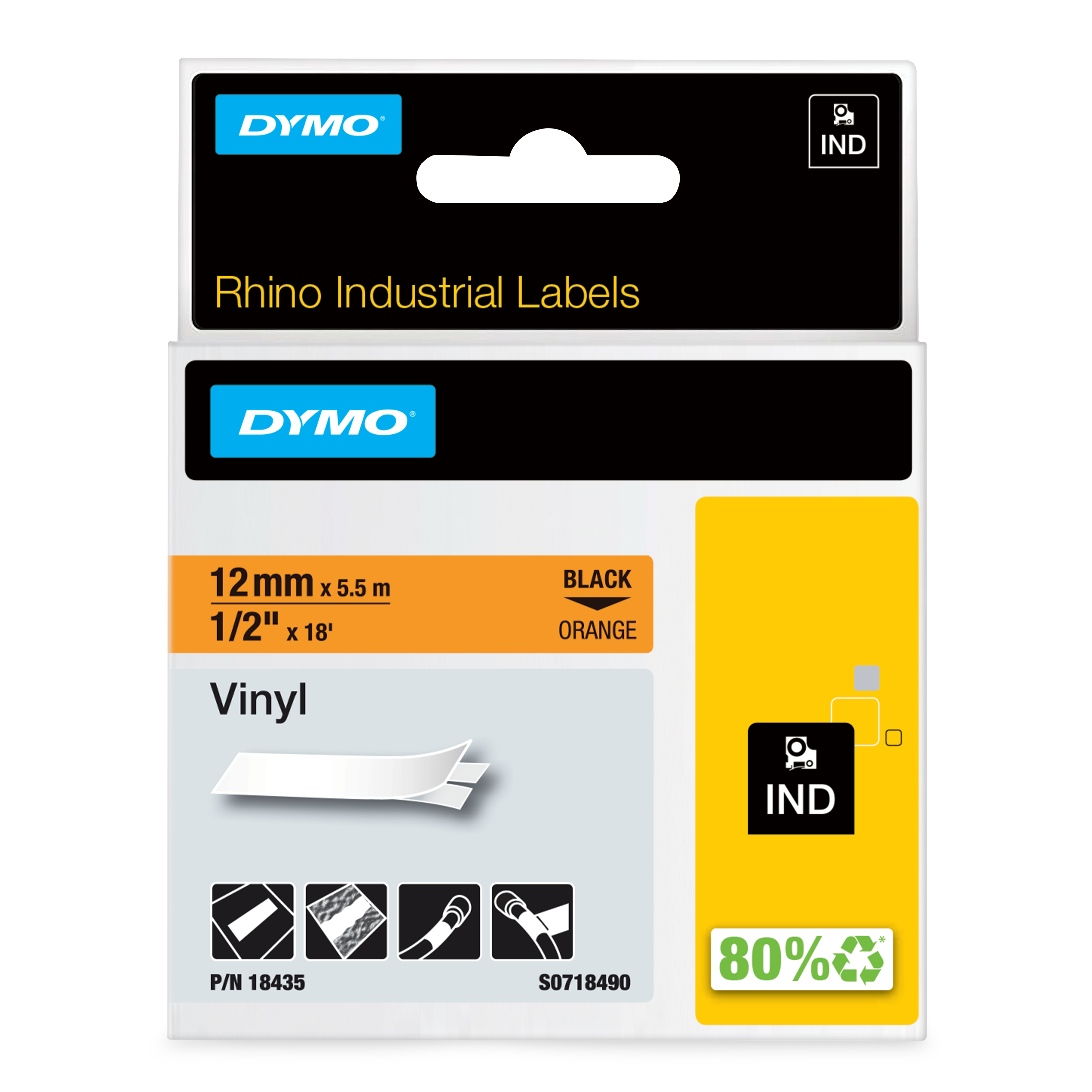 Dymo Black on Orange Label Printer Tape, 5.5 m Length, 12 mm Width