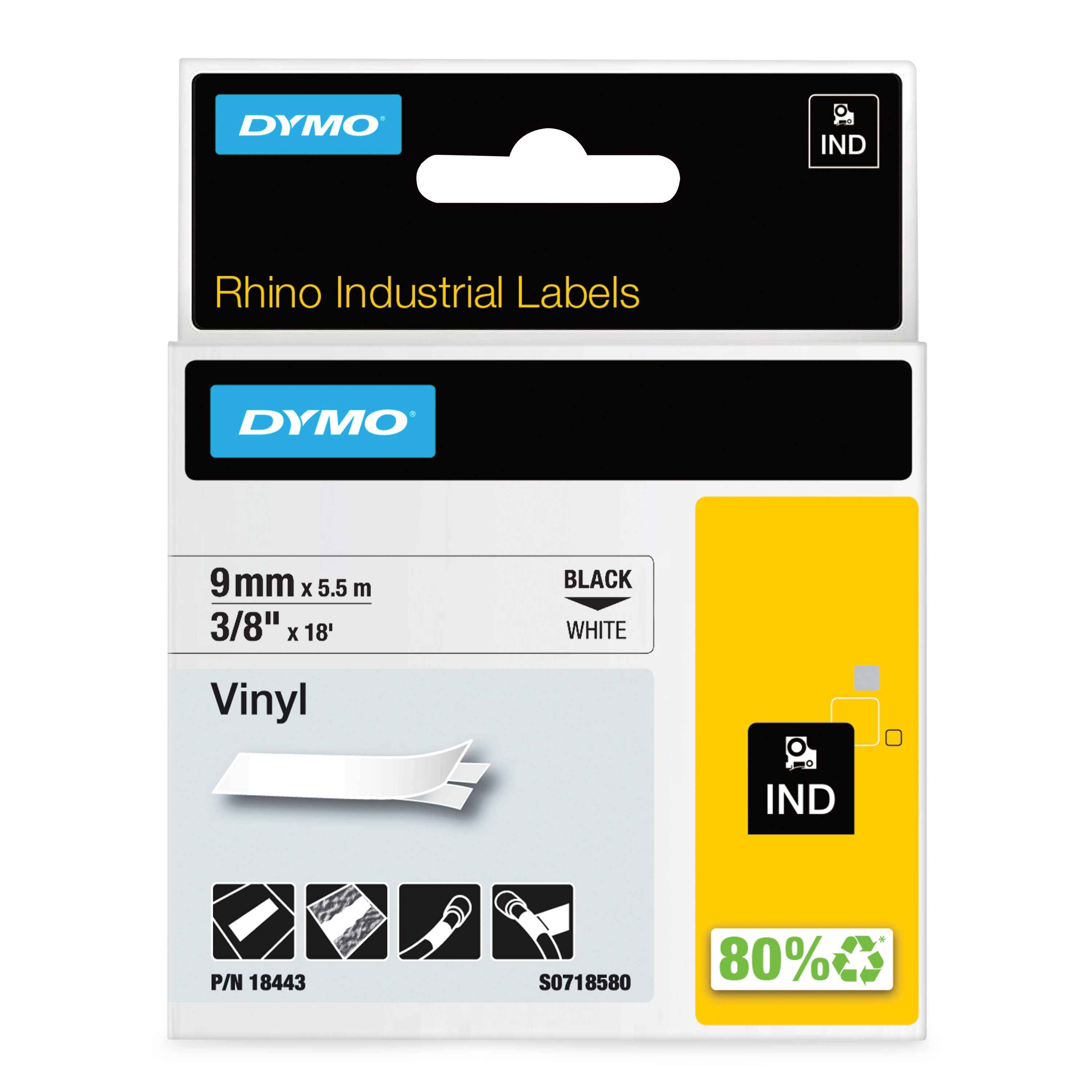 Dymo Black on White Label Printer Tape, 5.5 m Length, 9 mm Width