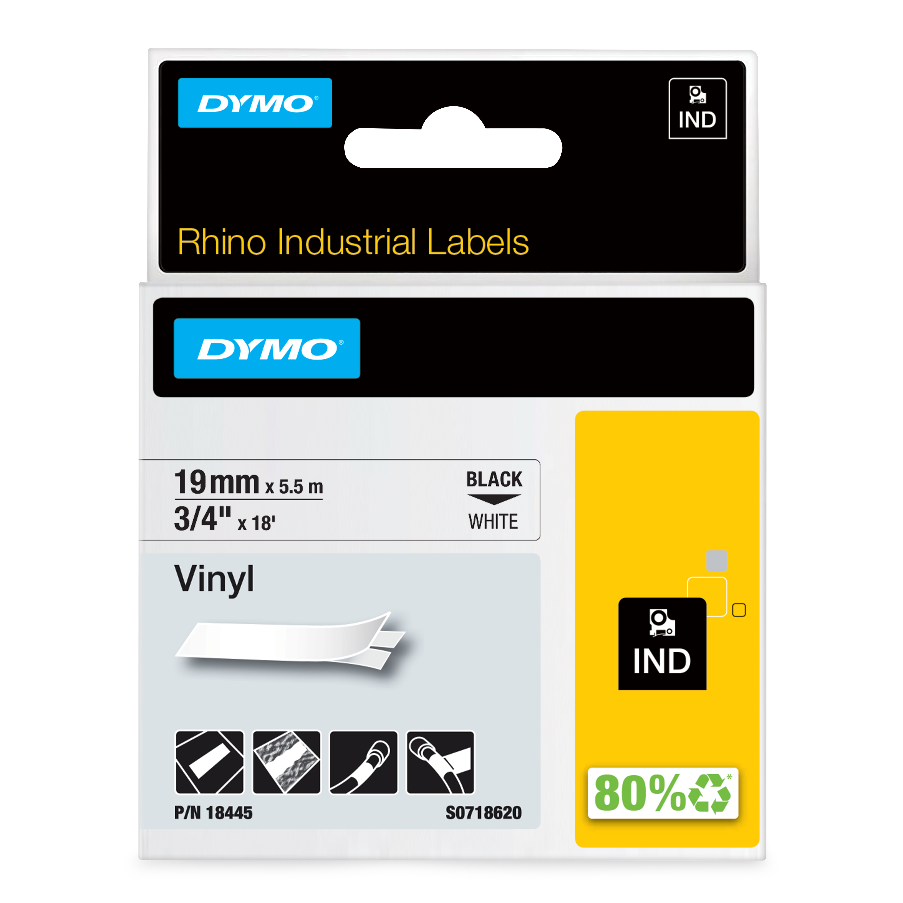 Dymo Black on White Label Printer Tape, 5.5 m Length, 19 mm Width