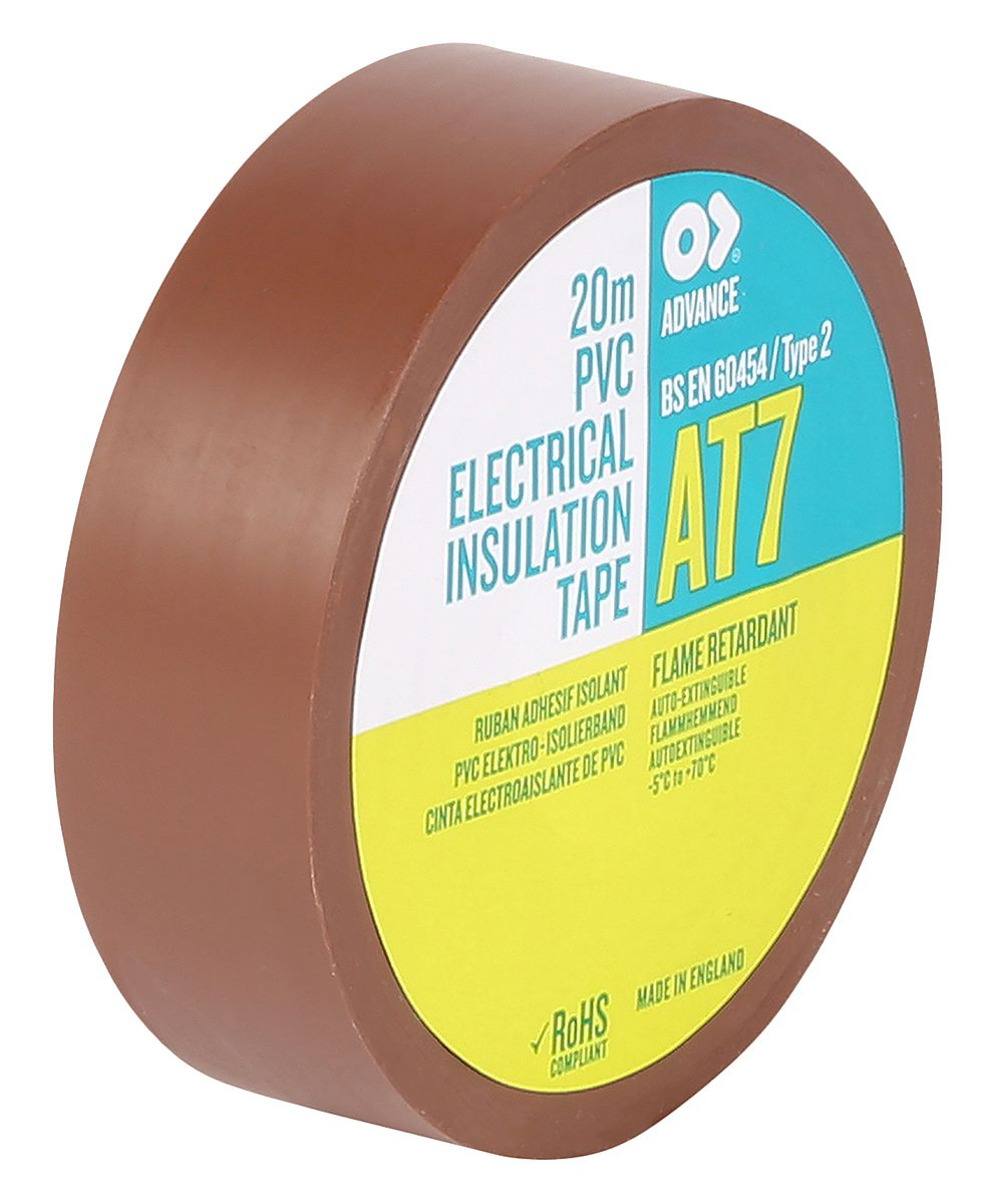 Cinta aislante de PVC Advance Tapes AT7 de color Marrón, 19mm x 20m, grosor 0.13mm