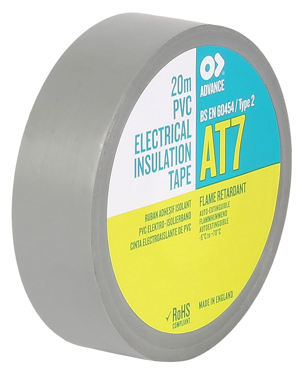 Cinta aislante de PVC Advance Tapes AT7 de color Gris, 19mm x 20m, grosor 0.13mm