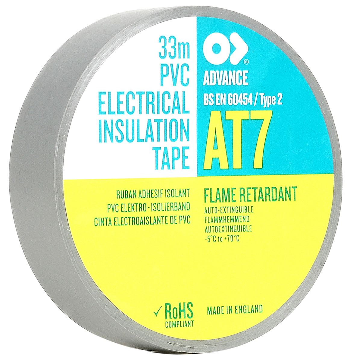 Cinta aislante de PVC Advance Tapes AT7 de color Gris, 19mm x 33m, grosor 0.13mm