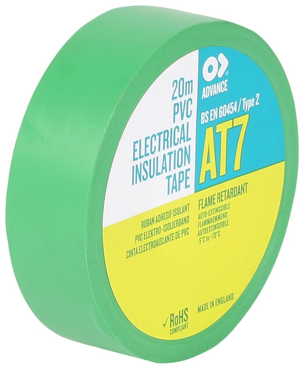 Cinta aislante de PVC Advance Tapes AT7 de color Verde, 19mm x 20m, grosor 0.13mm