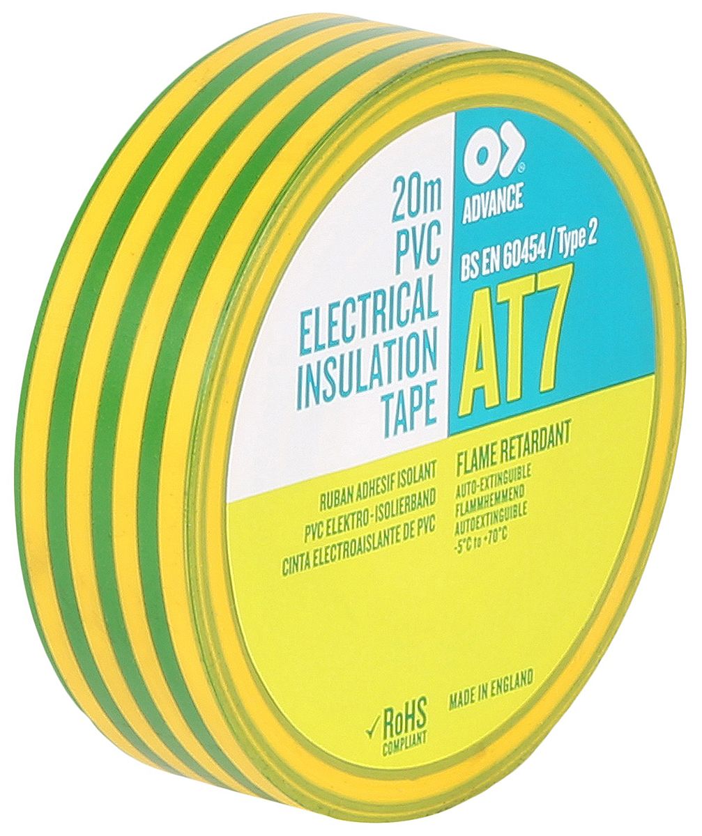 Cinta aislante de PVC Advance Tapes AT7 de color Verde, amarillo, 19mm x 20m, grosor 0.13mm