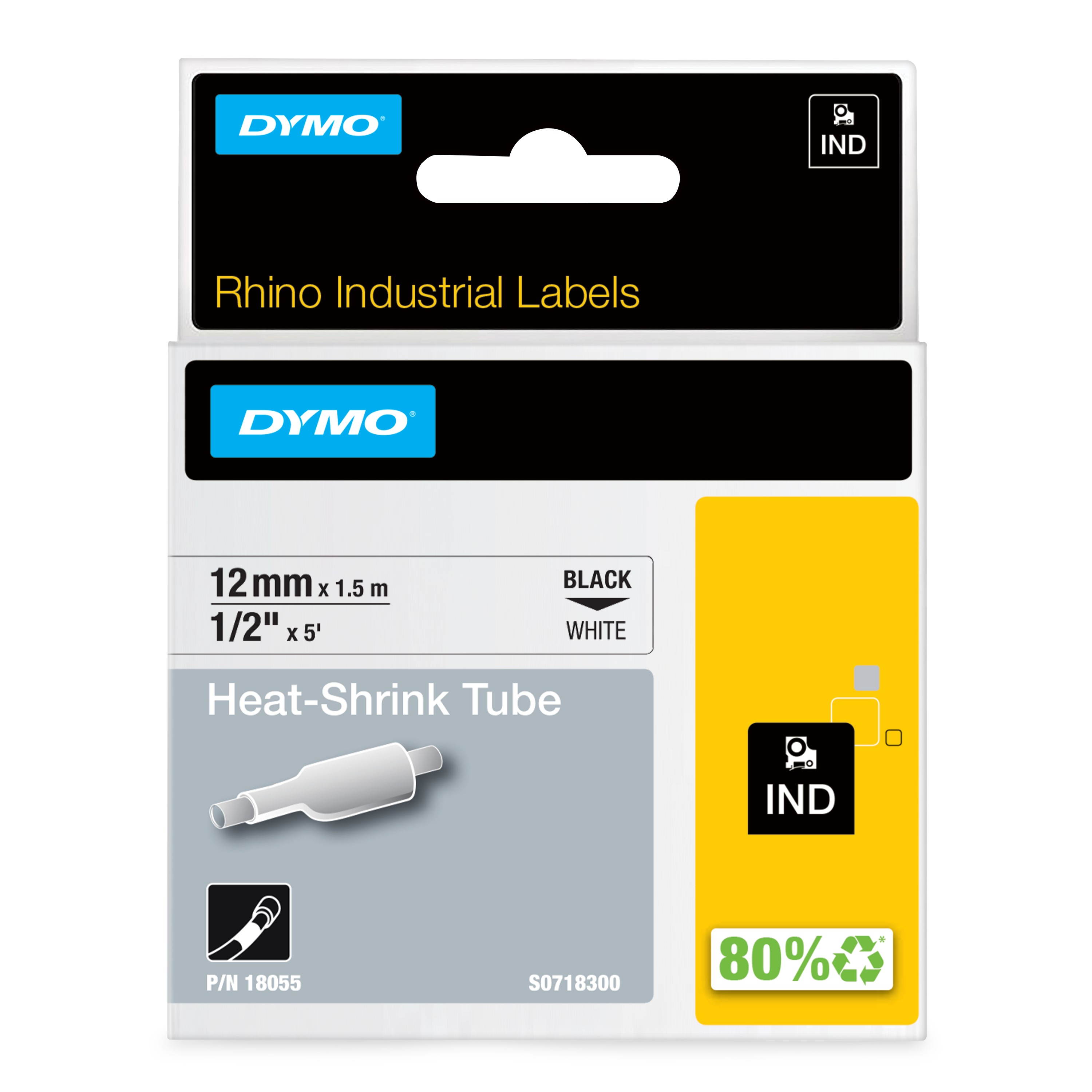 Dymo Heat Shrink Tubing, White 12mm Sleeve Dia. x 1.5m Length 3:1 Ratio, DYMO Series