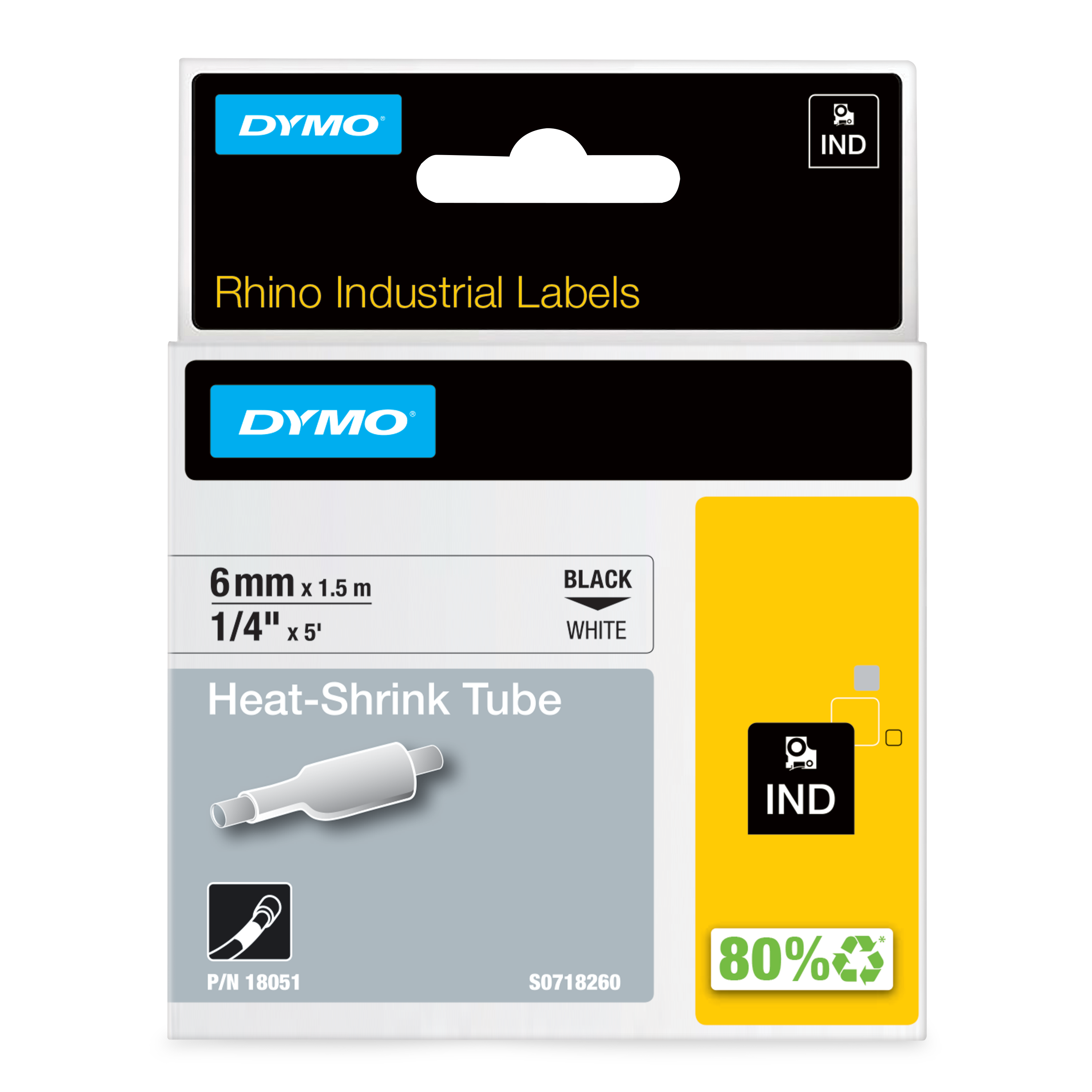 Dymo Heat Shrink Tubing, White 6mm Sleeve Dia. x 1.5m Length 3:1 Ratio, DYMO Series