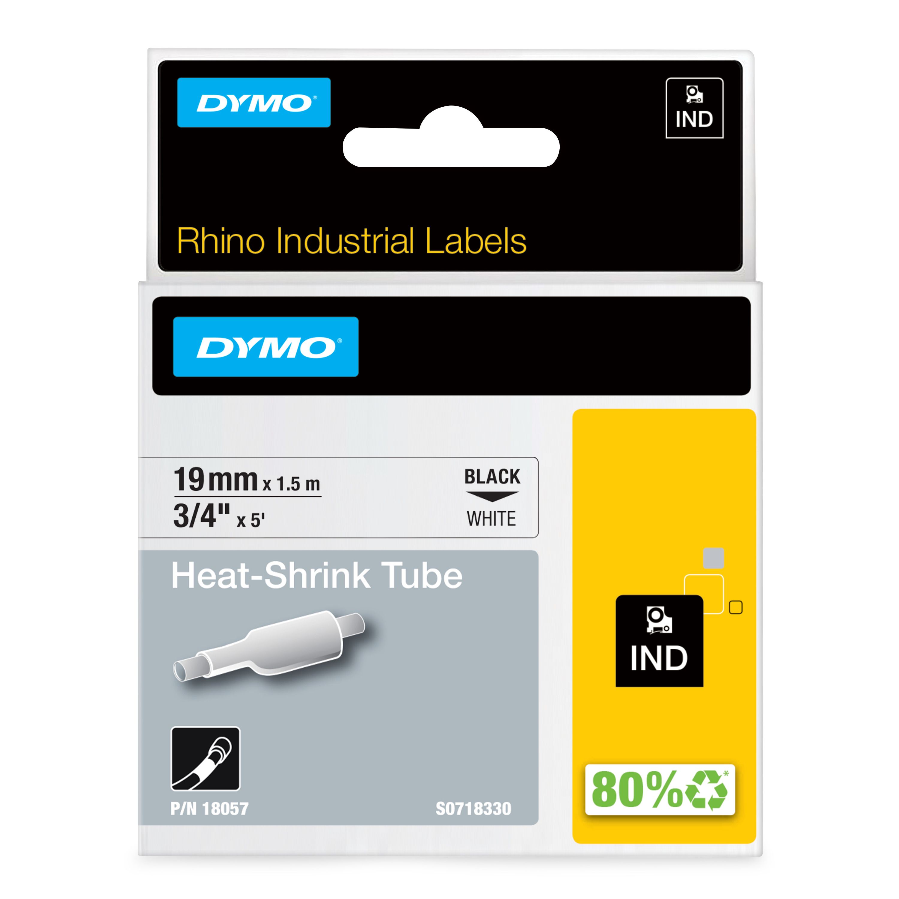 Dymo Heat Shrink Tubing, White 19mm Sleeve Dia. x 1.5m Length 3:1 Ratio, DYMO Series