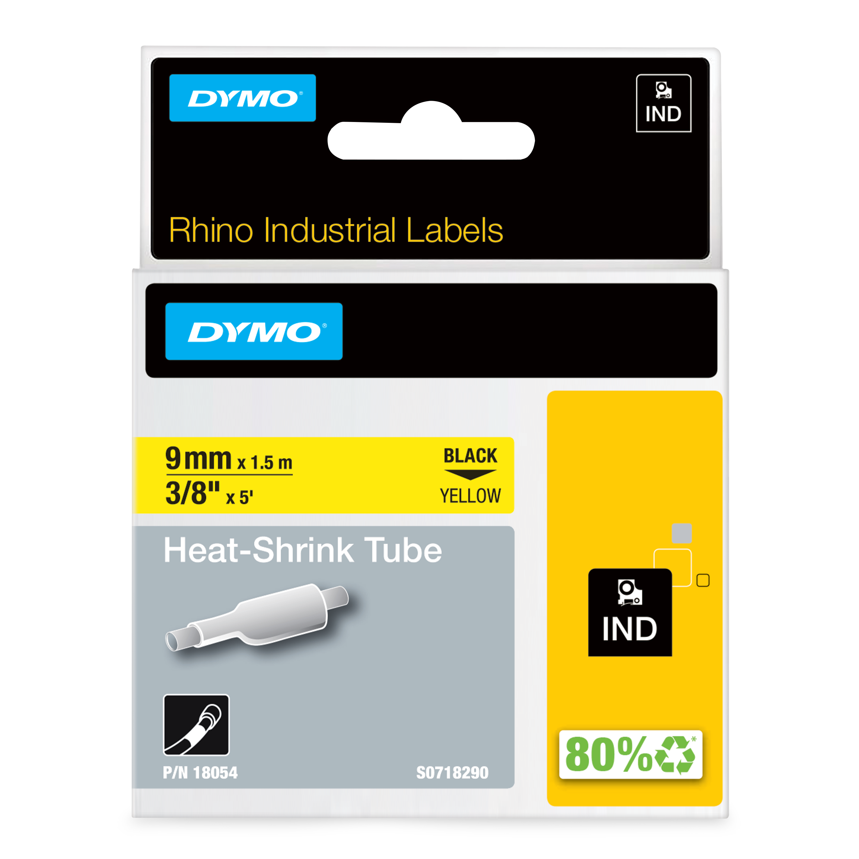 Dymo Heat Shrink Tubing, Yellow 9mm Sleeve Dia. x 1.5m Length 3:1 Ratio, DYMO Series