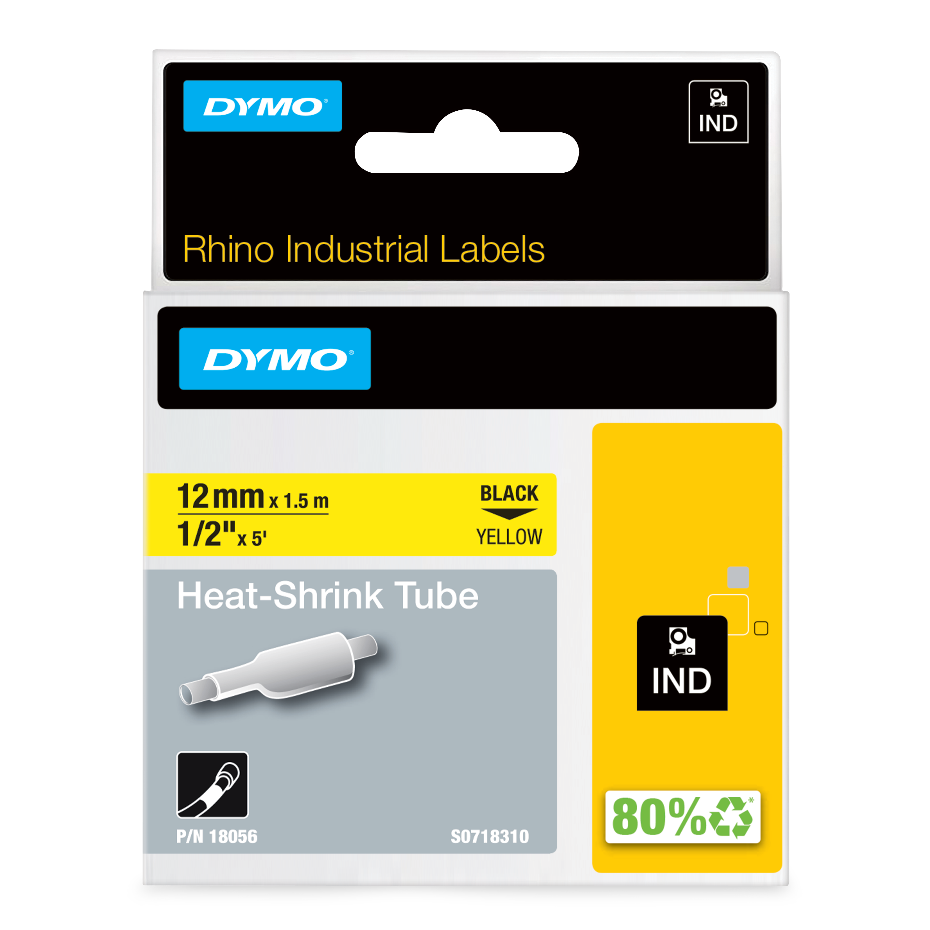 Dymo Heat Shrink Tubing, Yellow 12mm Sleeve Dia. x 1.5m Length 3:1 Ratio, DYMO Series