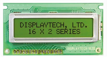 Display monocromo LCD alfanumérico Displaytech de 2 filas x 16 caract., transflectivo, área 66 x 16mm