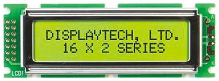 Display monocromo LCD alfanumérico Displaytech de 2 filas x 16 caract., transflectivo, área 62 x 16mm