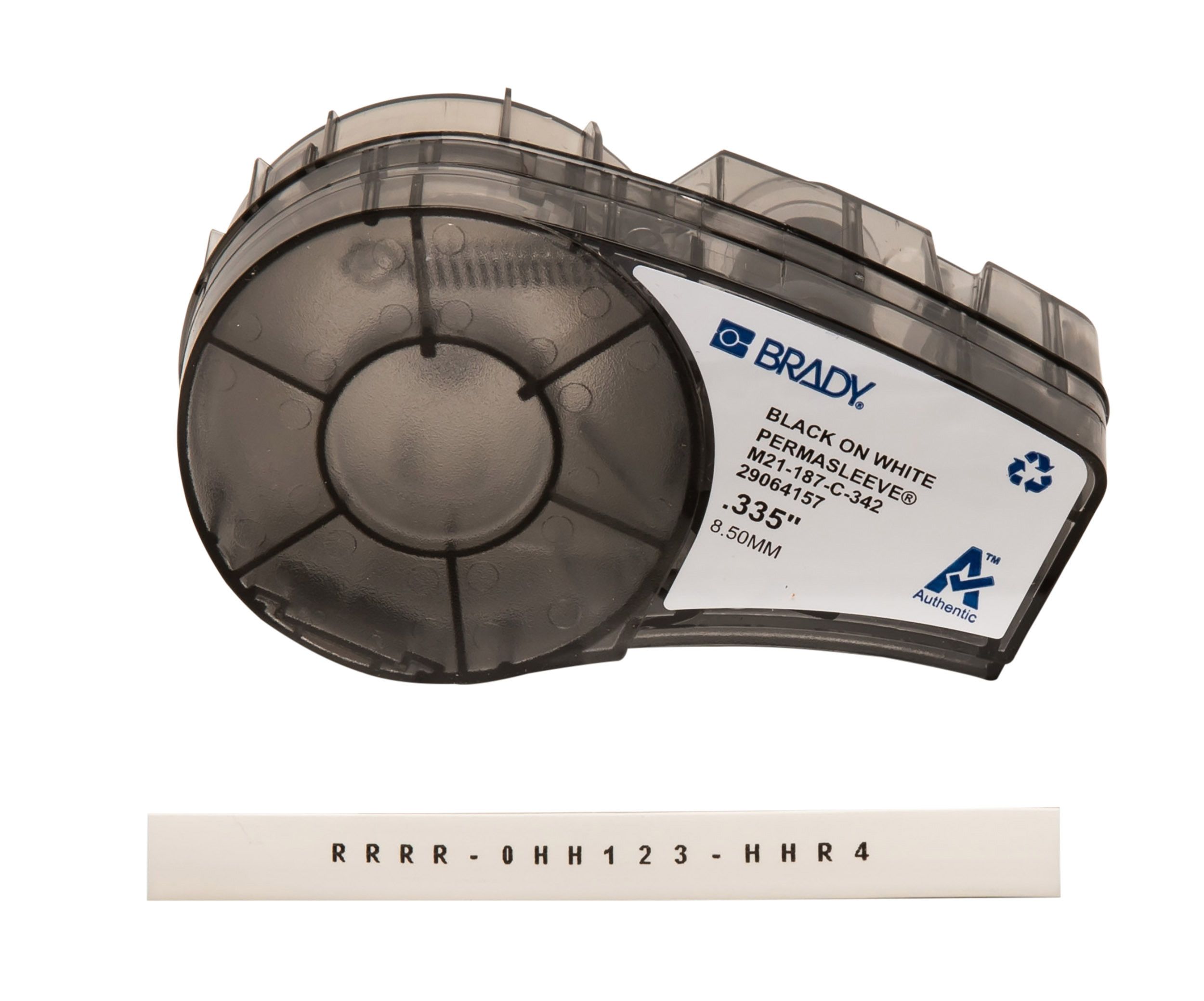 Brady B-342 PermaSleeve Black on White Label Printer Tape, 2.13 m Length, 8.51 mm Width, 8.5mm Label Length