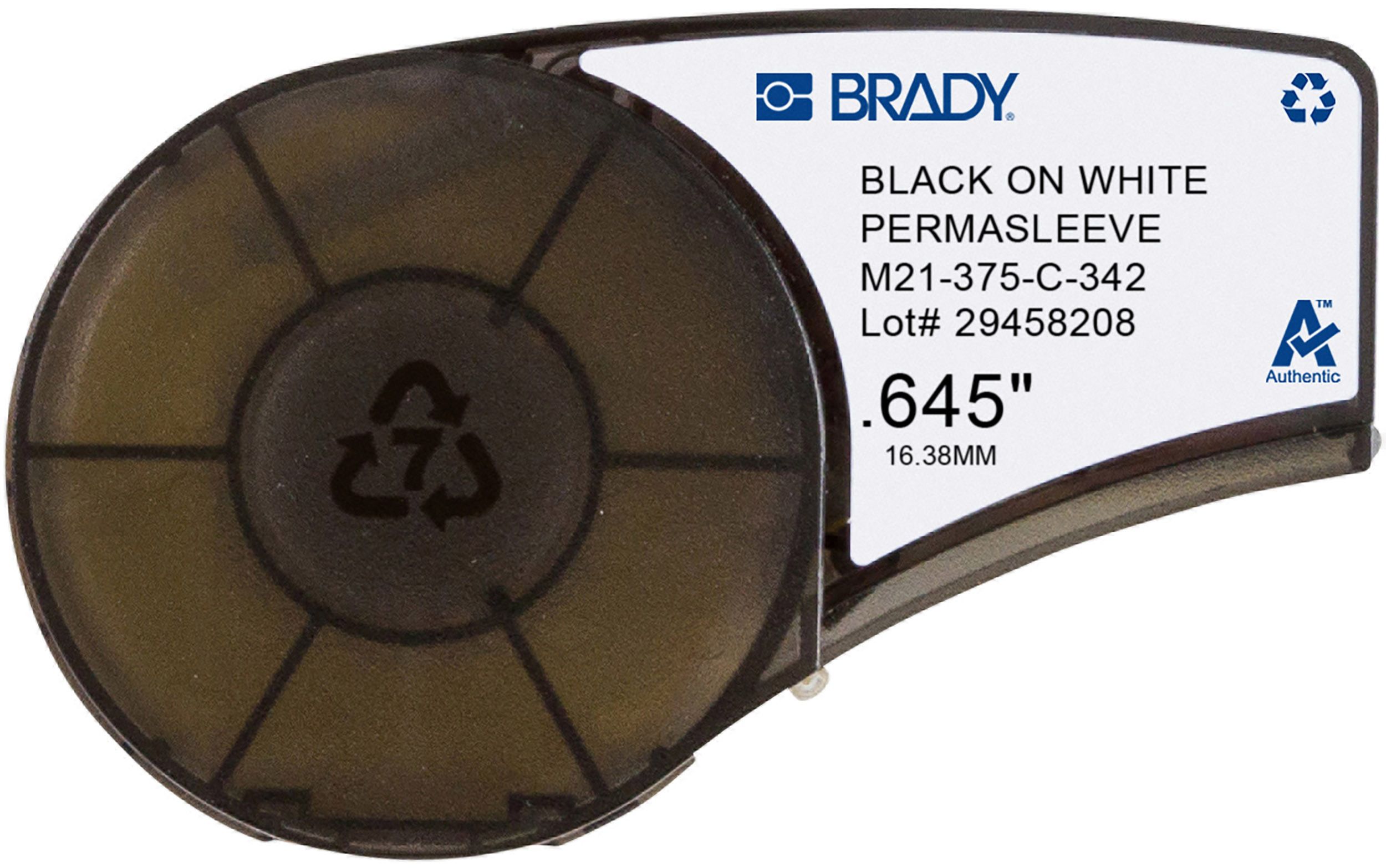Brady B-342 PermaSleeve Black on White Label Printer Tape, 2.13 m Length, 16.38 mm Width, 16.4mm Label Length