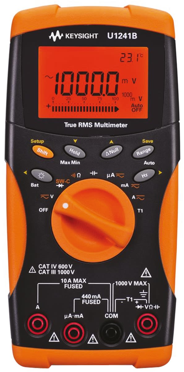 Keysight Technologies U1241B Handheld Digital Multimeter, True RMS, 10A ac Max, 10A dc Max, 1000V ac Max