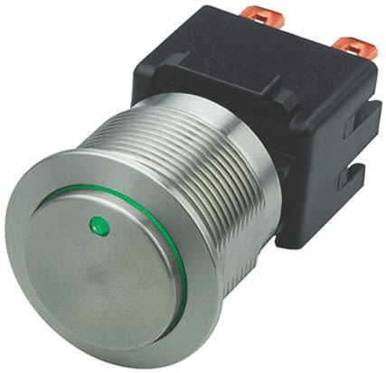Schurter Illuminated Latching Push Button Switch, Panel Mount, DPDT, 22mm Cutout, Green LED, 125/250V ac, IP64 (Front)'