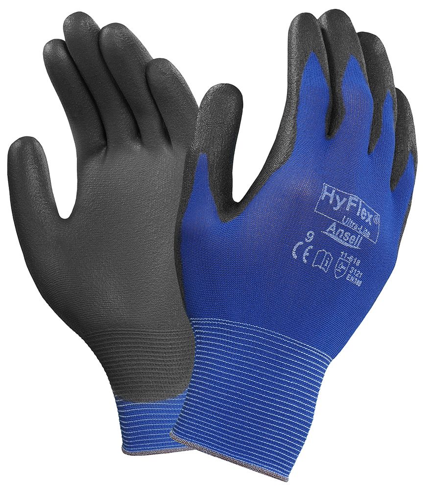 Ansell HyFlex 11-618 Blue General Purpose Work Gloves, Size 9, Large, Nylon Lining, Polyurethane Coating