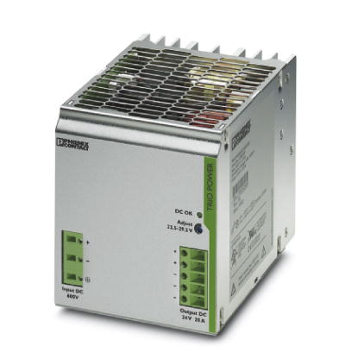 Phoenix Contact TRIO-PS/600DC/24DC/20 Switch Mode DIN Rail Power Supply, 400V ac ac Input, 24V dc dc Output, 20A